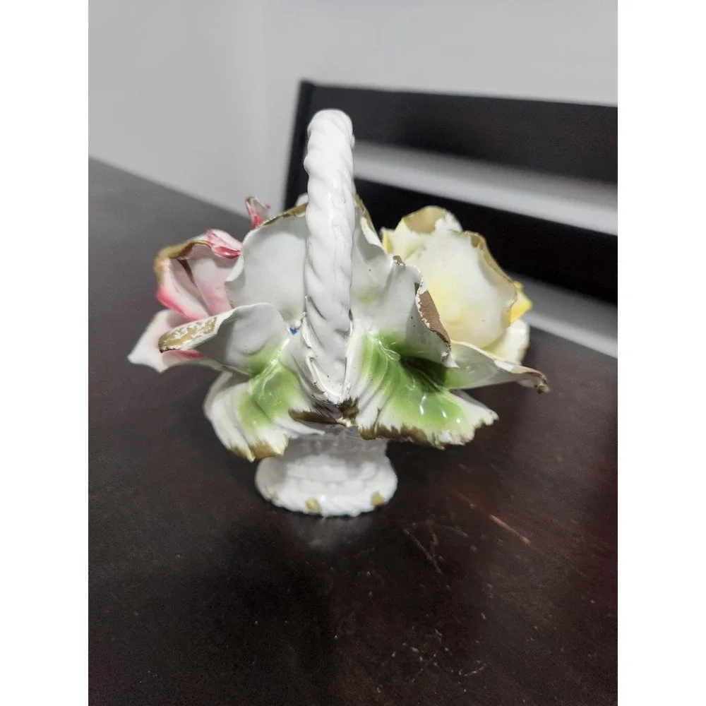 Nuova Capodimonte Italian Porcelain Floral Mini Basket Roses Gold Trim Handle